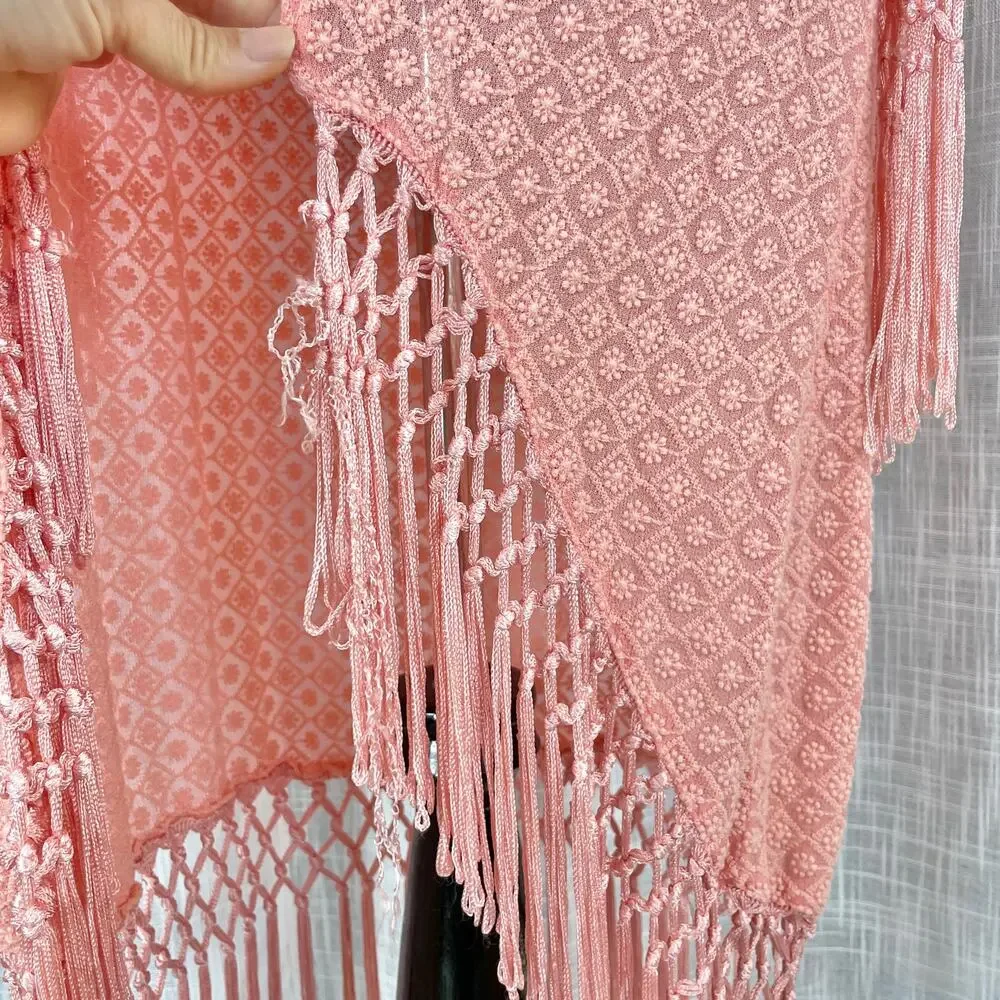 PilyQ Womens Swim Coverup Cardigan M/L Pink Fringe Tassel Crochet Boho Beach